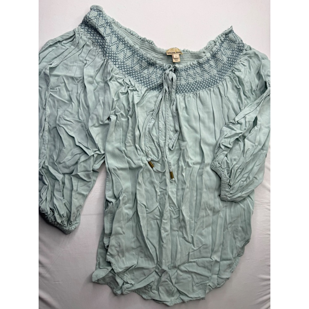 Anthropologie Holding Horses Smocked Off Shoulder Peasant Blouse Sage Green S